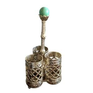 Vtg Brass Triple Lipstick Holder Gold Jade Bead Filigree Hollywood Regency